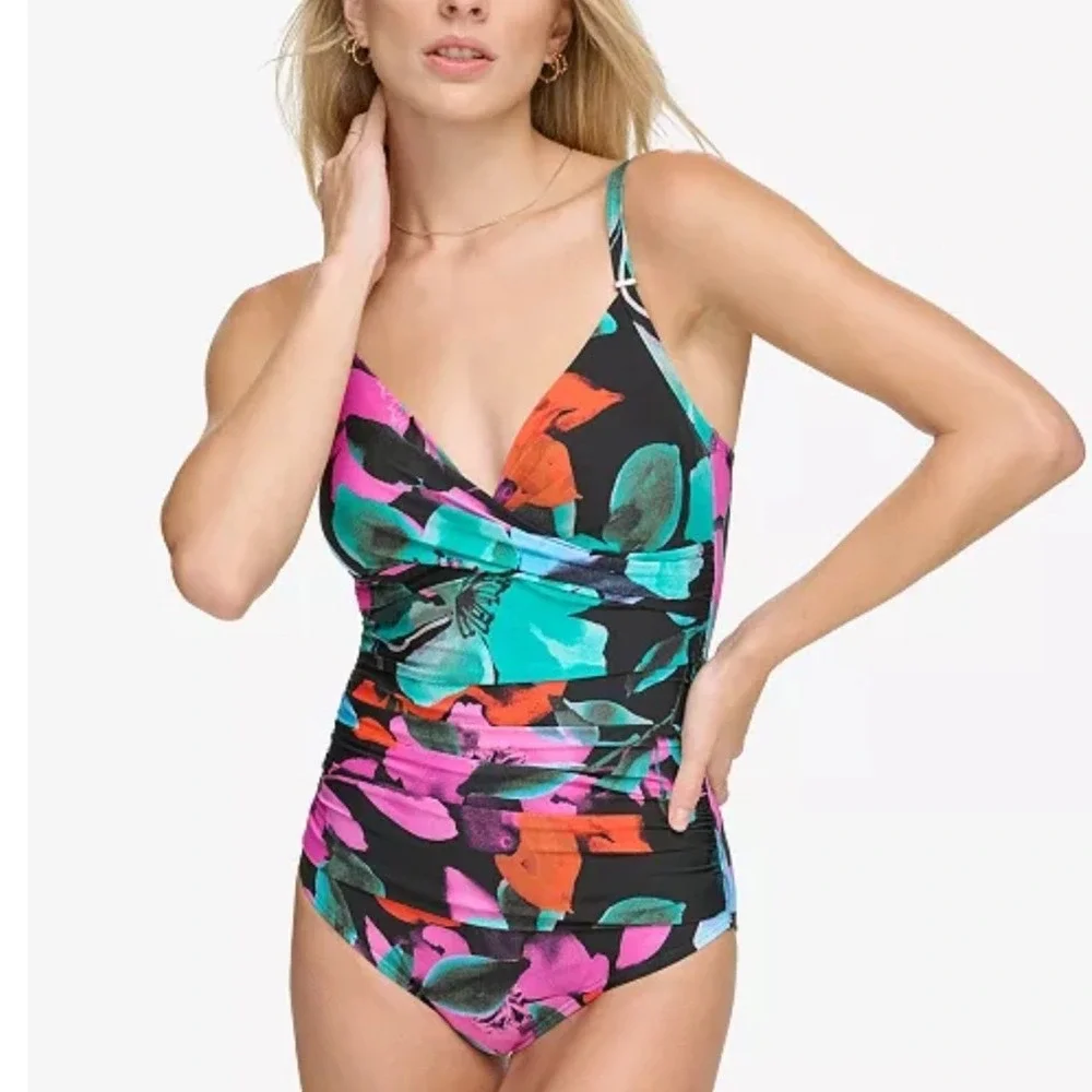 Calvin Klein One Piece Swimsuit Womens 8 Black Floral Surplice Ruched Tummy EUC